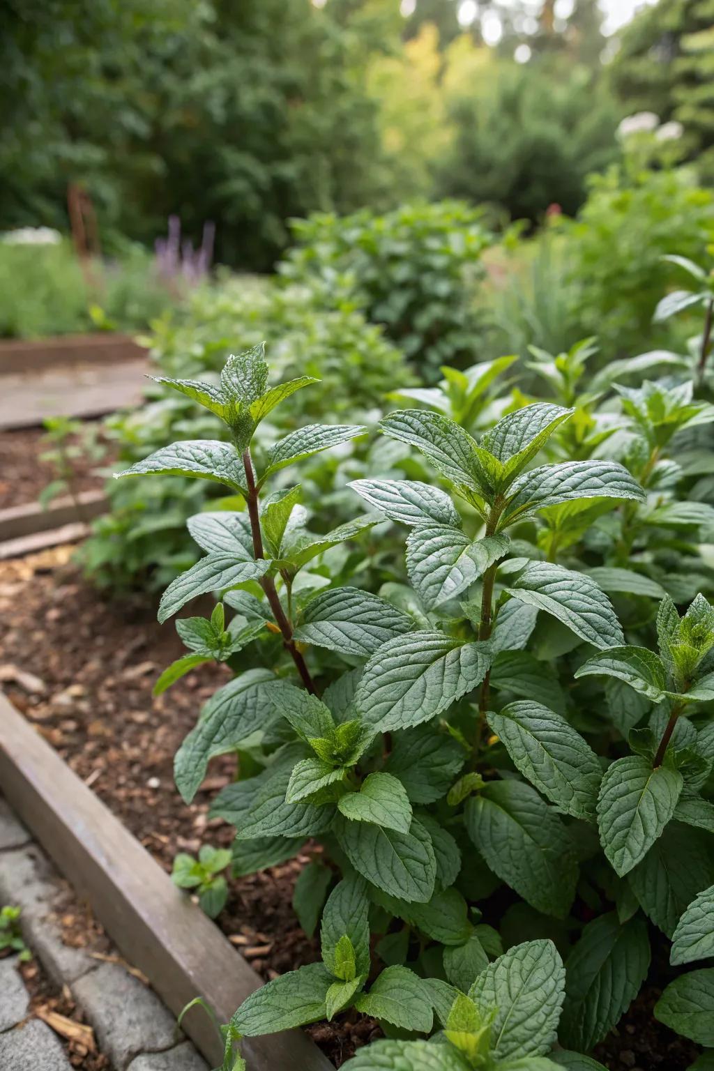 Peppermint leaves in full growth, all set to deliver a revitalizing burst in your tea.