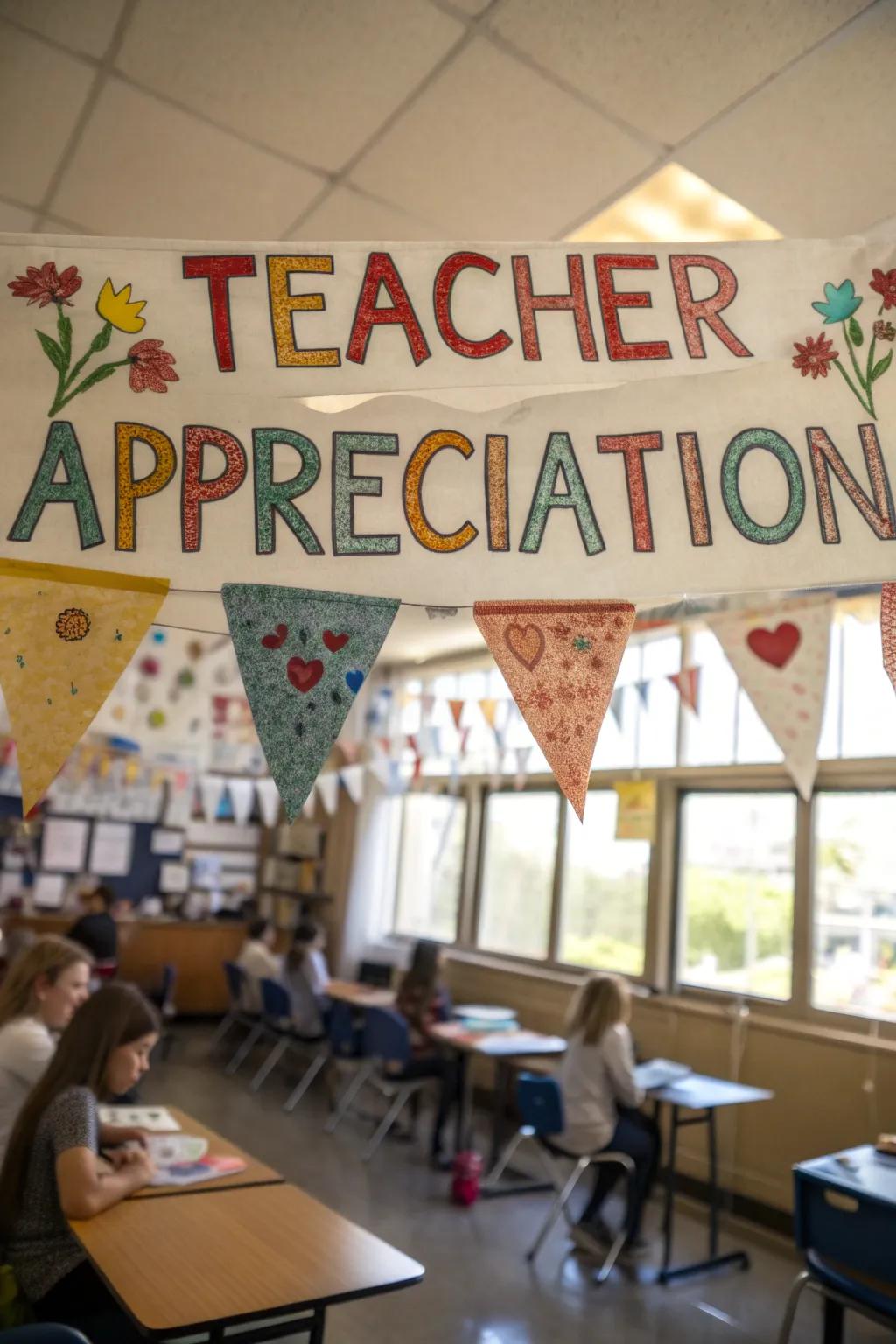 A DIY pennant flag banner showcasing student creativity.