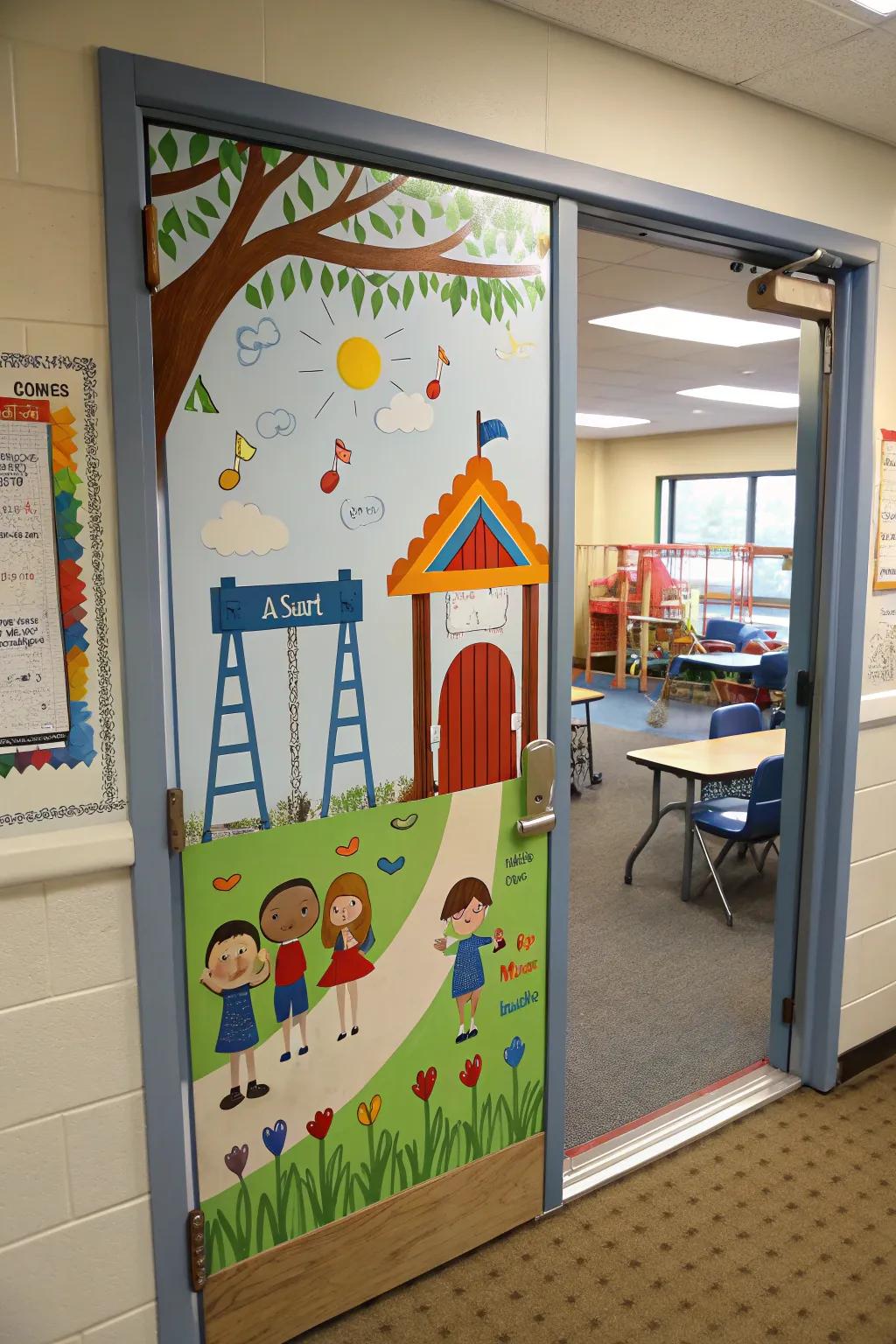 A fun playground-themed door design celebrating education.