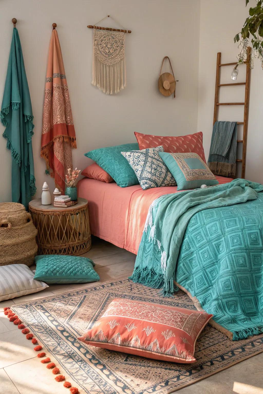 A blend of textiles in teal and coral for a cozy atmosphere.