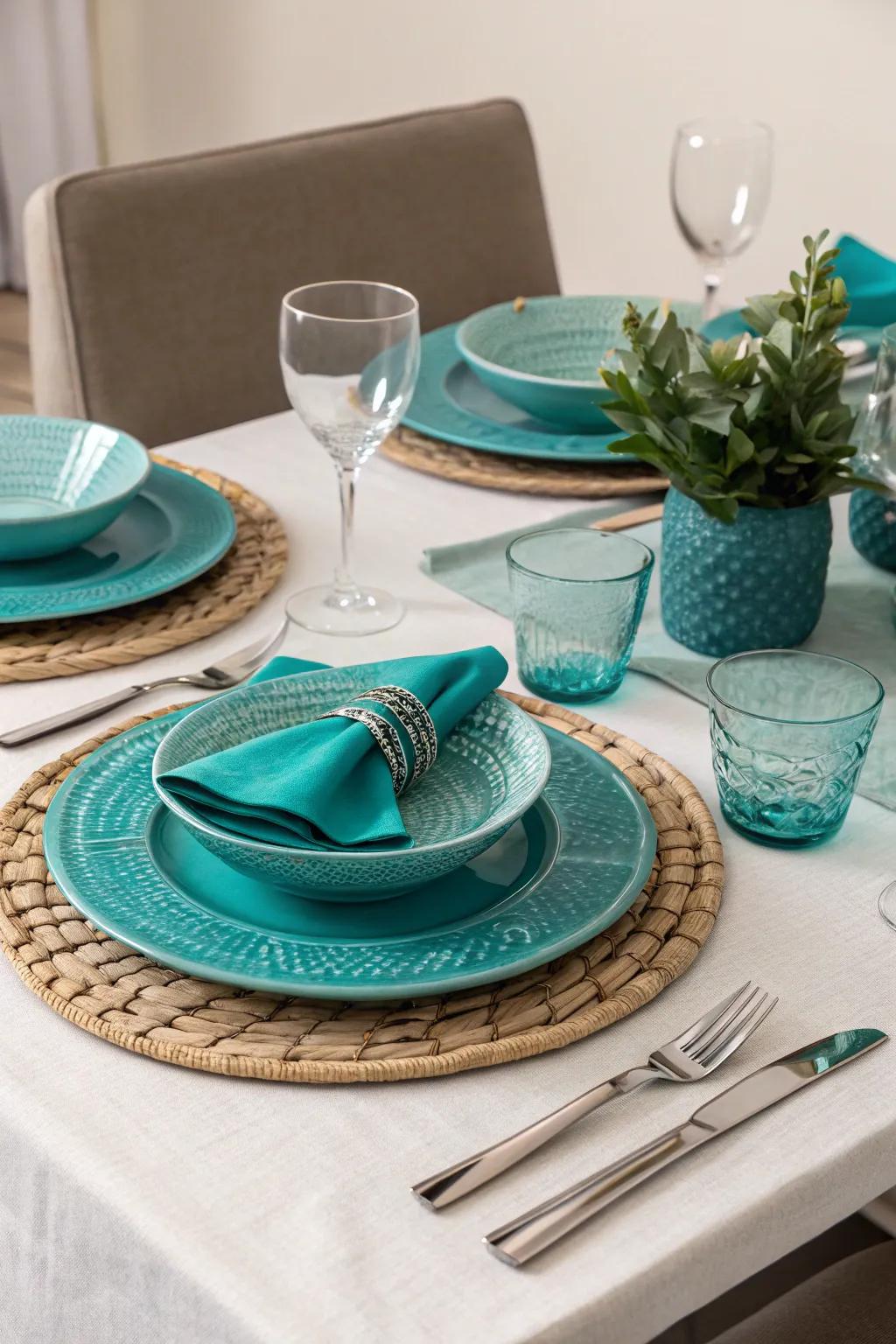 Subtle elegance is achieved through teal tableware