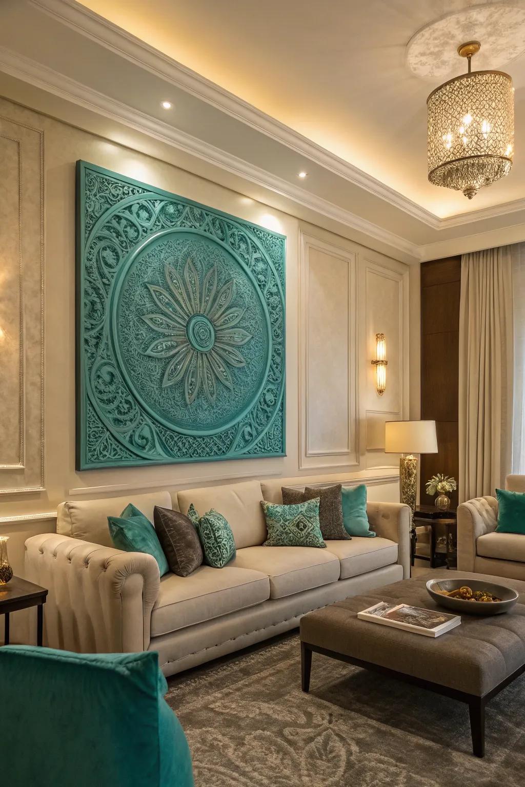 The room's aesthetic is enhanced by teal artwork, which gives it a personal touch.