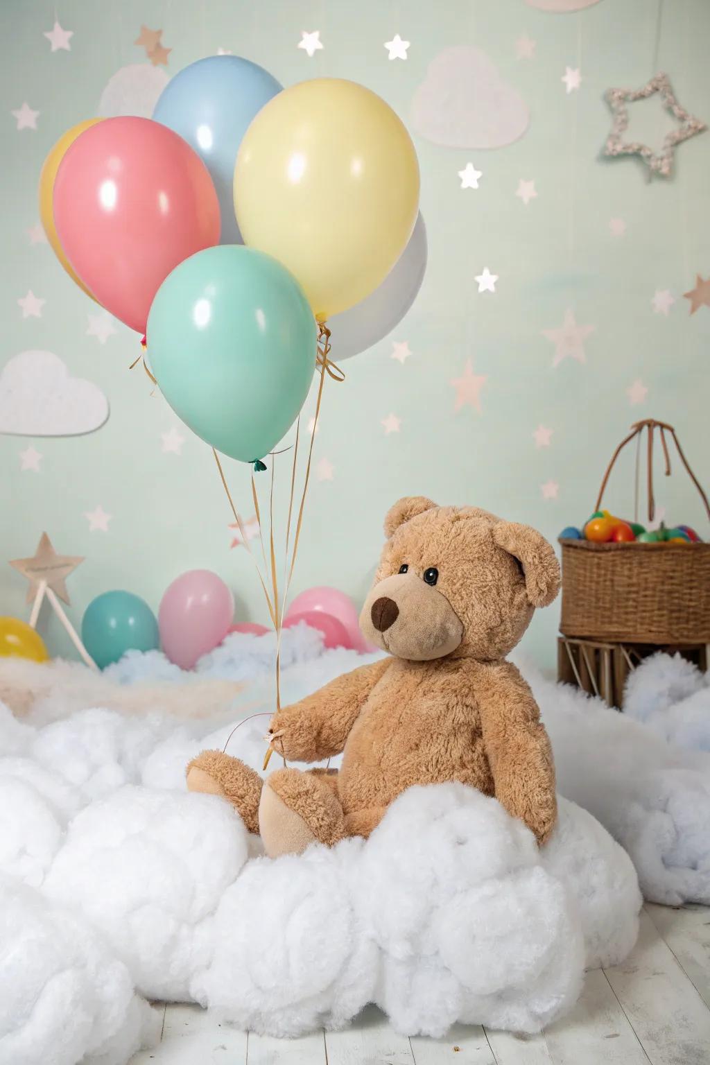 A dreamy nimbus and sky orbs arrangement for a cuddle toy centerpiece.