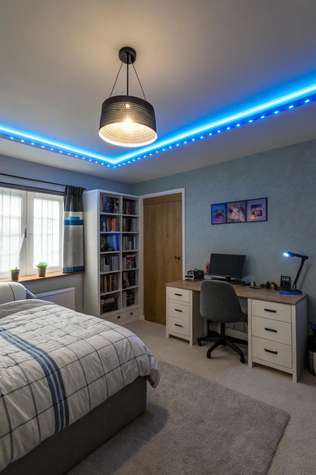 A teen boy's room featuring customizable LED lighting for a tailored atmosphere.