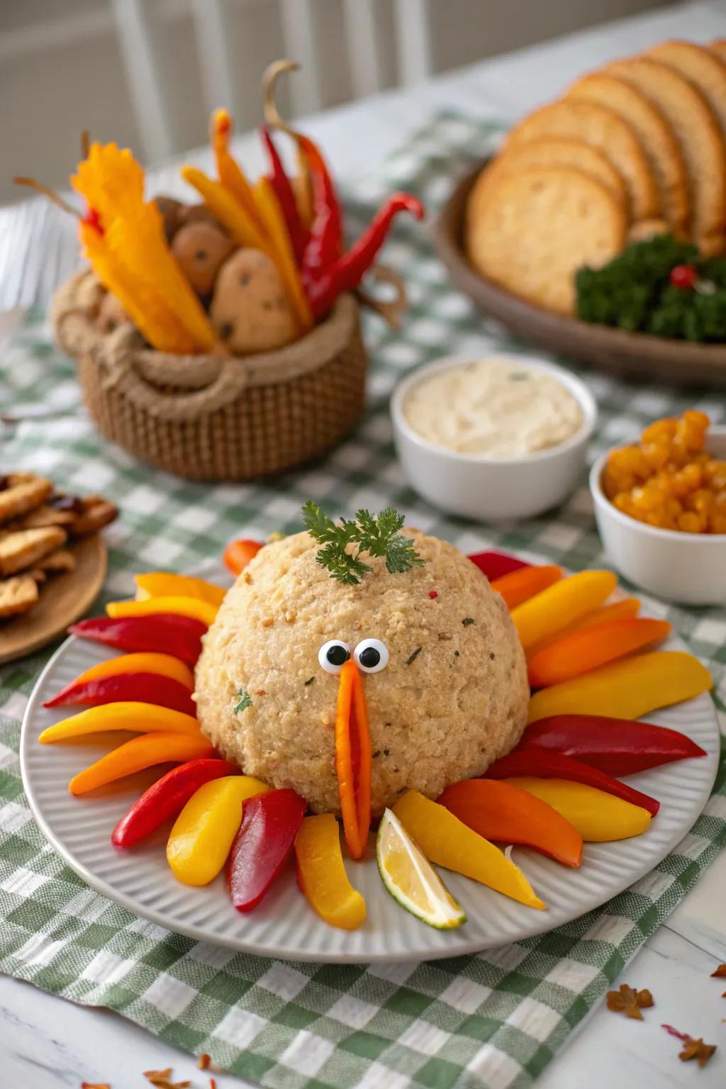 Veggie turkey cheese ball with colorful peppers.