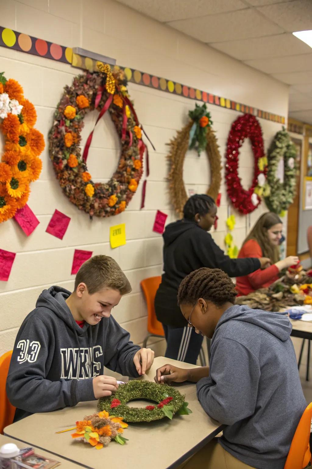 Pupils proudly presenting their handcrafted Thanksgiving garlands.