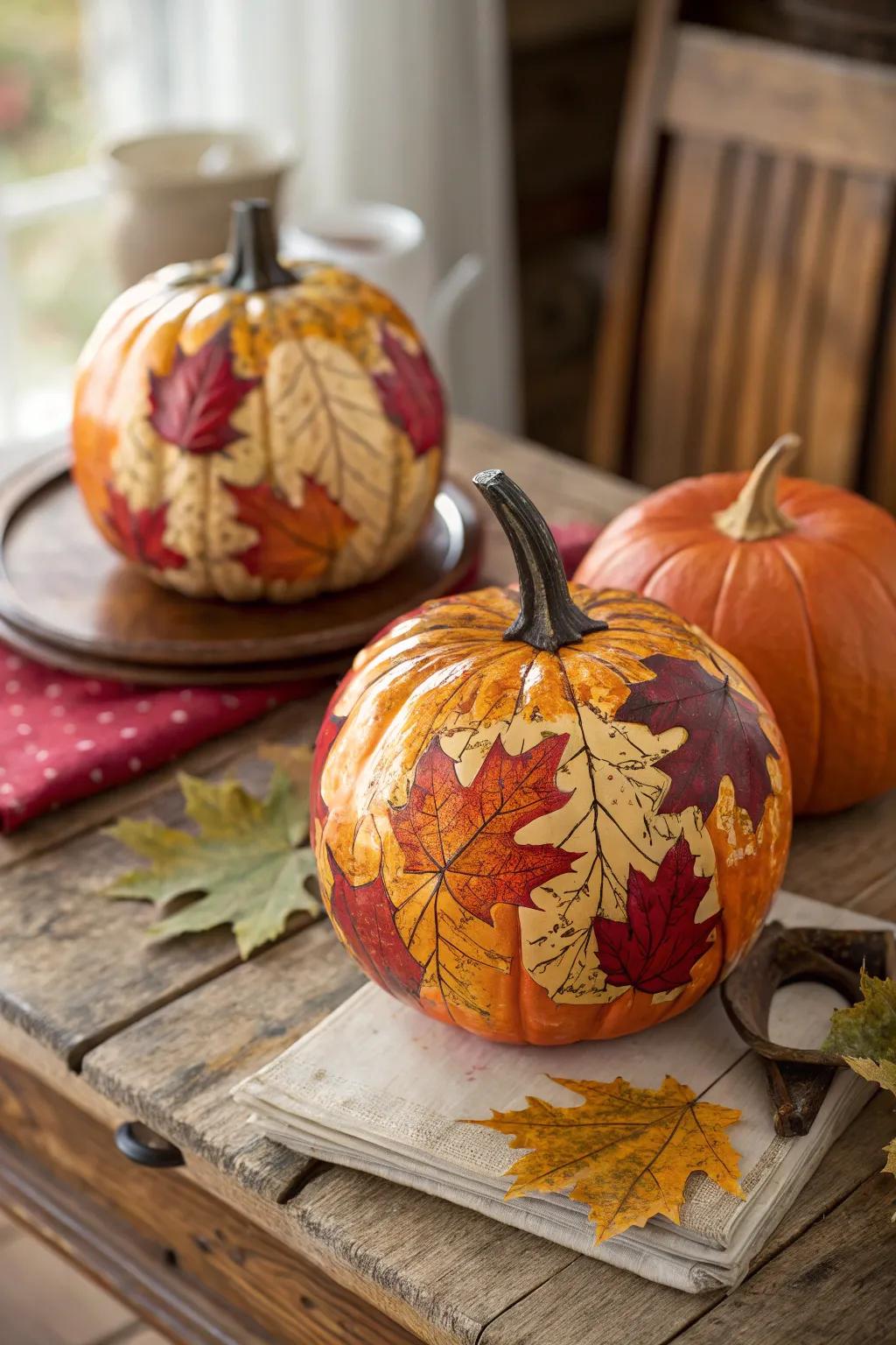 Sophisticated decoupage pumpkins adorned with autumn leaves.