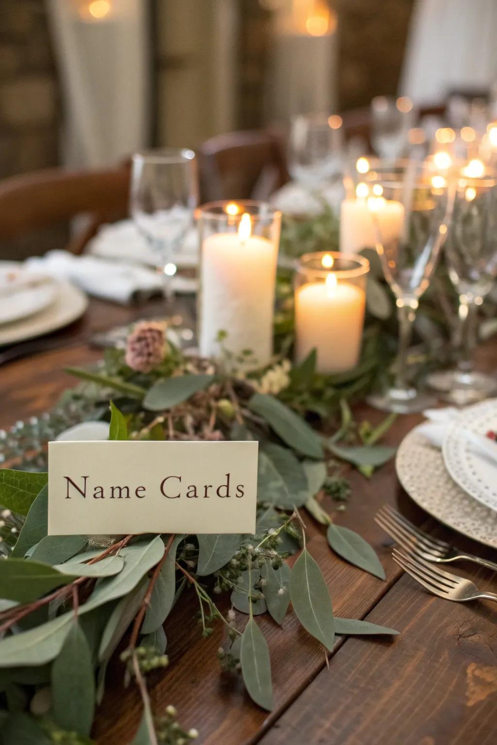 Personalized name cards give the table a kind, considerate touch.