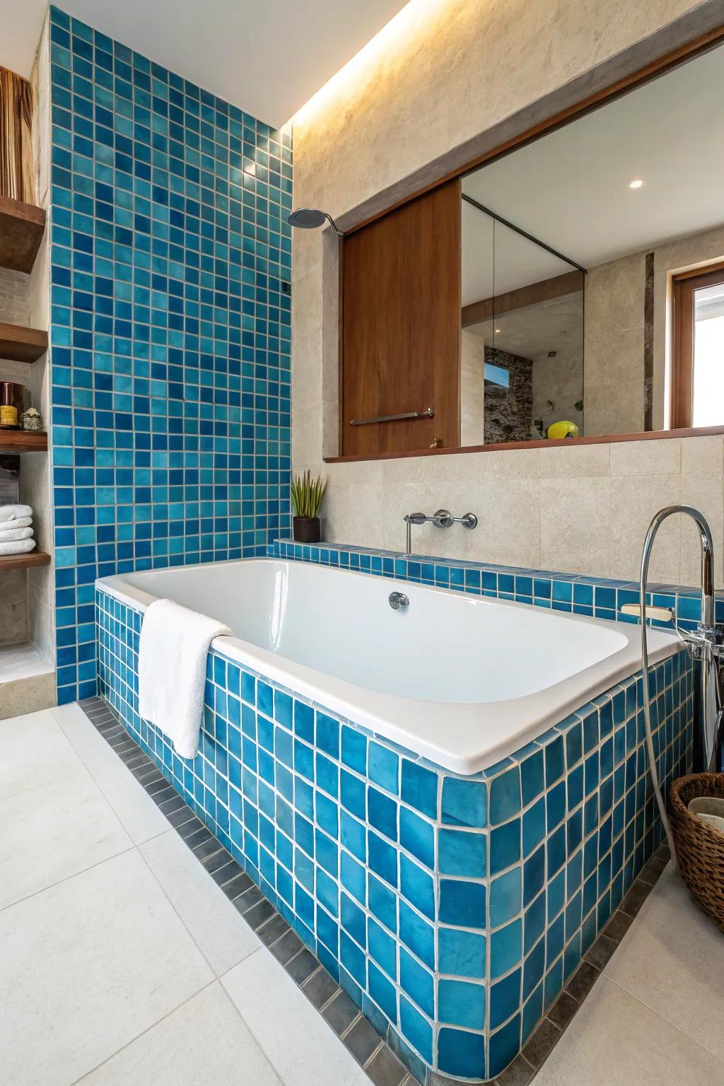 Vibrant tiles bring a bold and colorful statement to your bathroom.