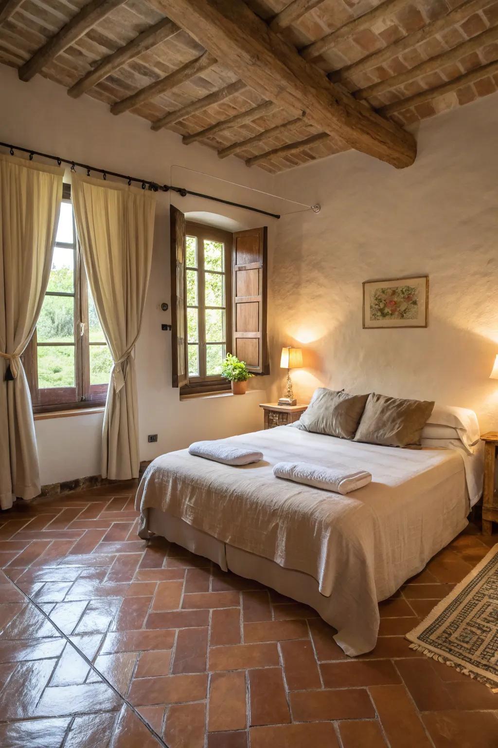 This serene bedroom is enhanced by earth-toned tiles, which provide a natural tranquility.