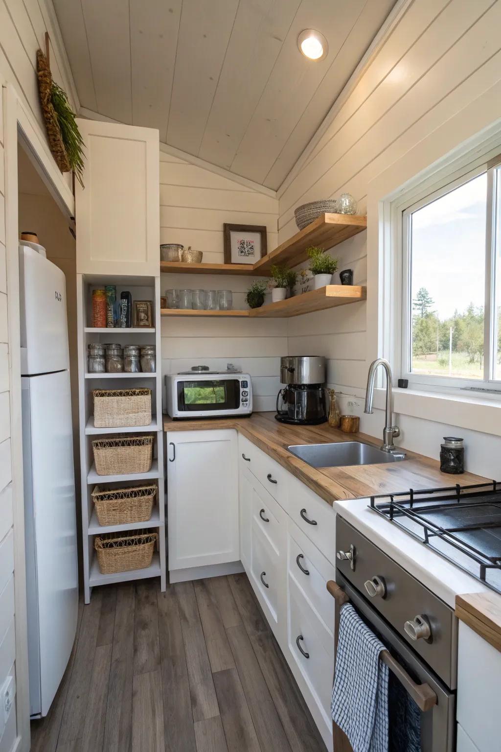 Inventive storage for a fully outfitted cooking area.