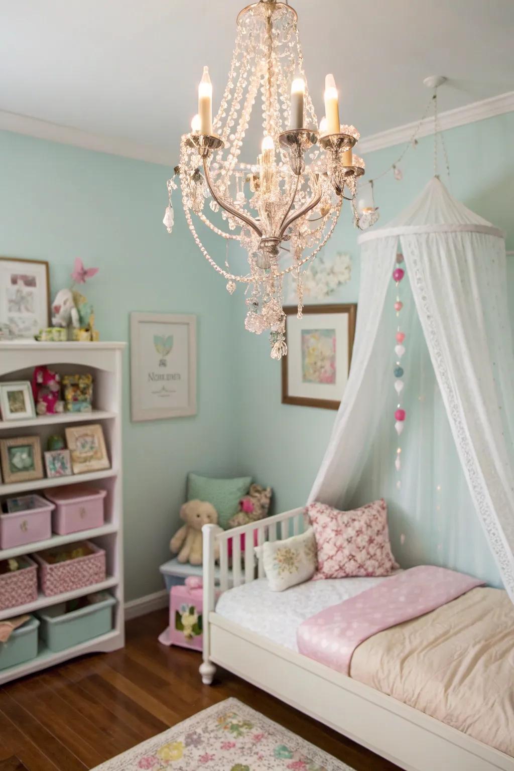 An enchanting light fixture adds elegance and light.