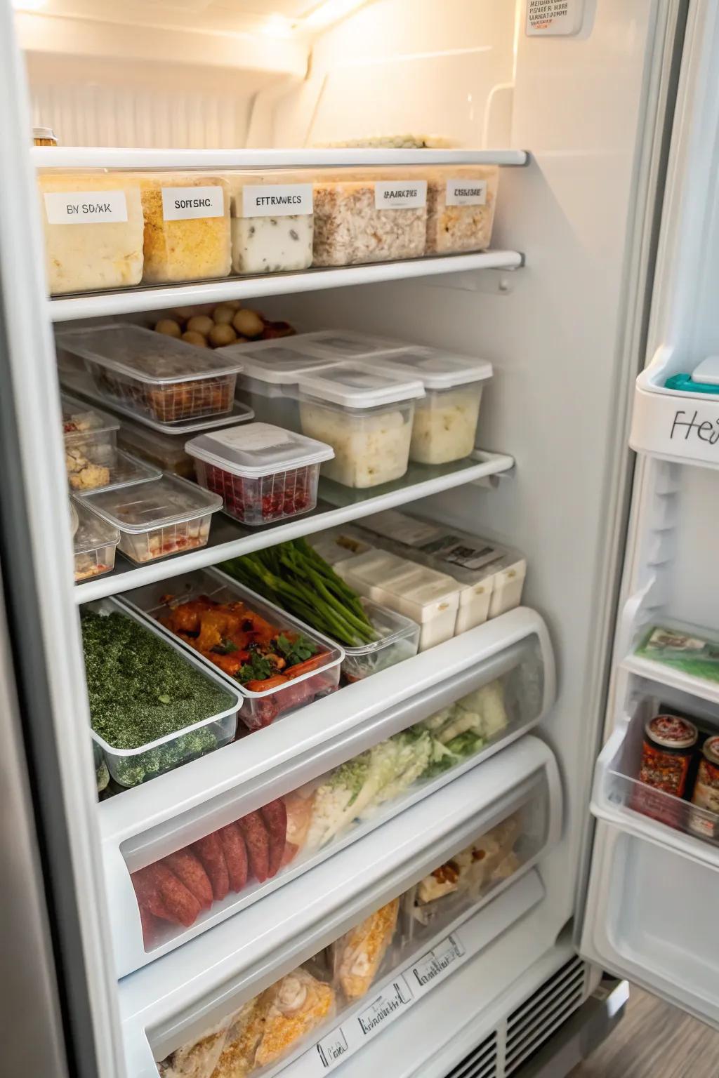 Dividers inside a top freezer, creating distinct zones for different food categories.