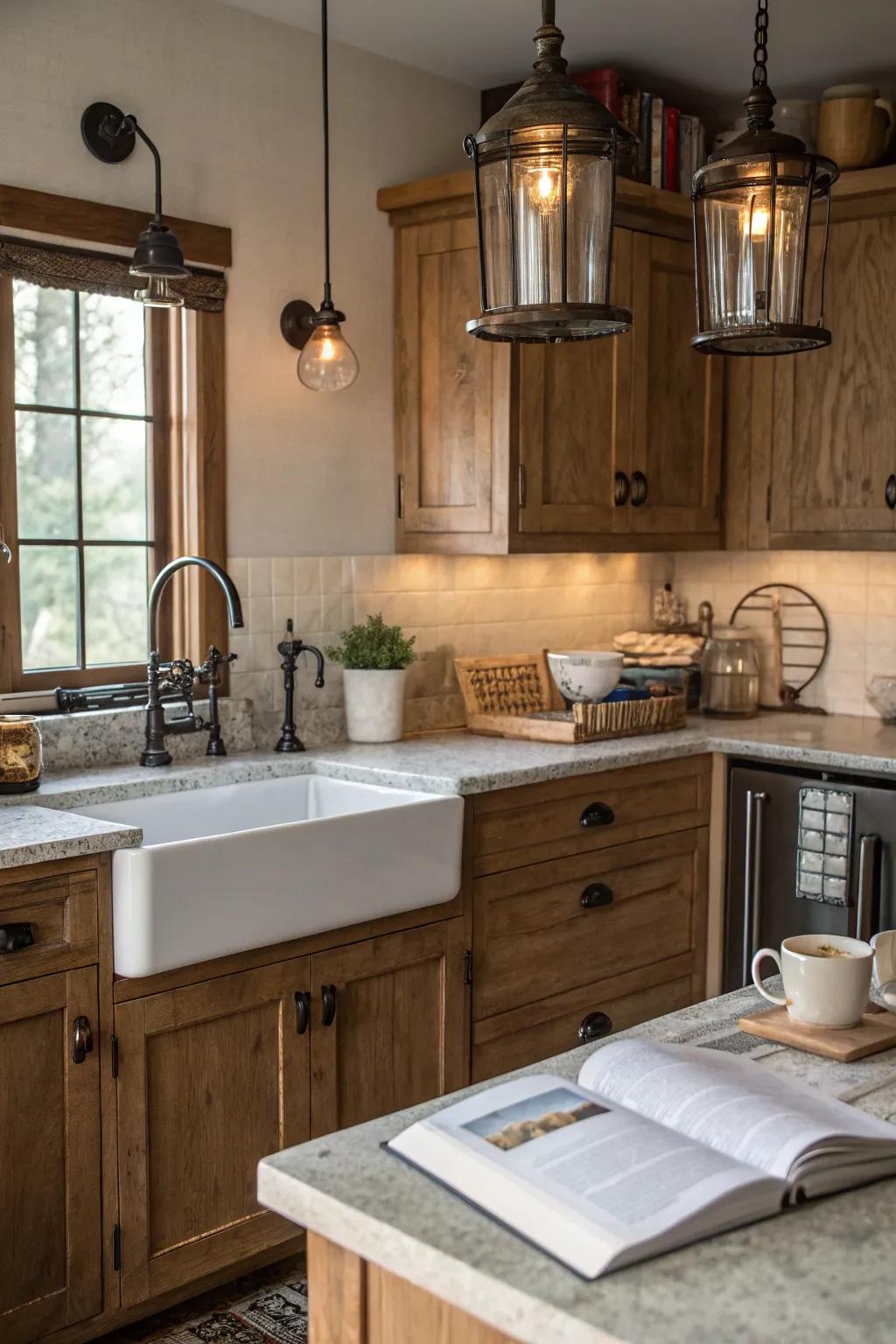 Farmhouse-style cabinets evoke a welcoming and nostalgic atmosphere in the kitchen.