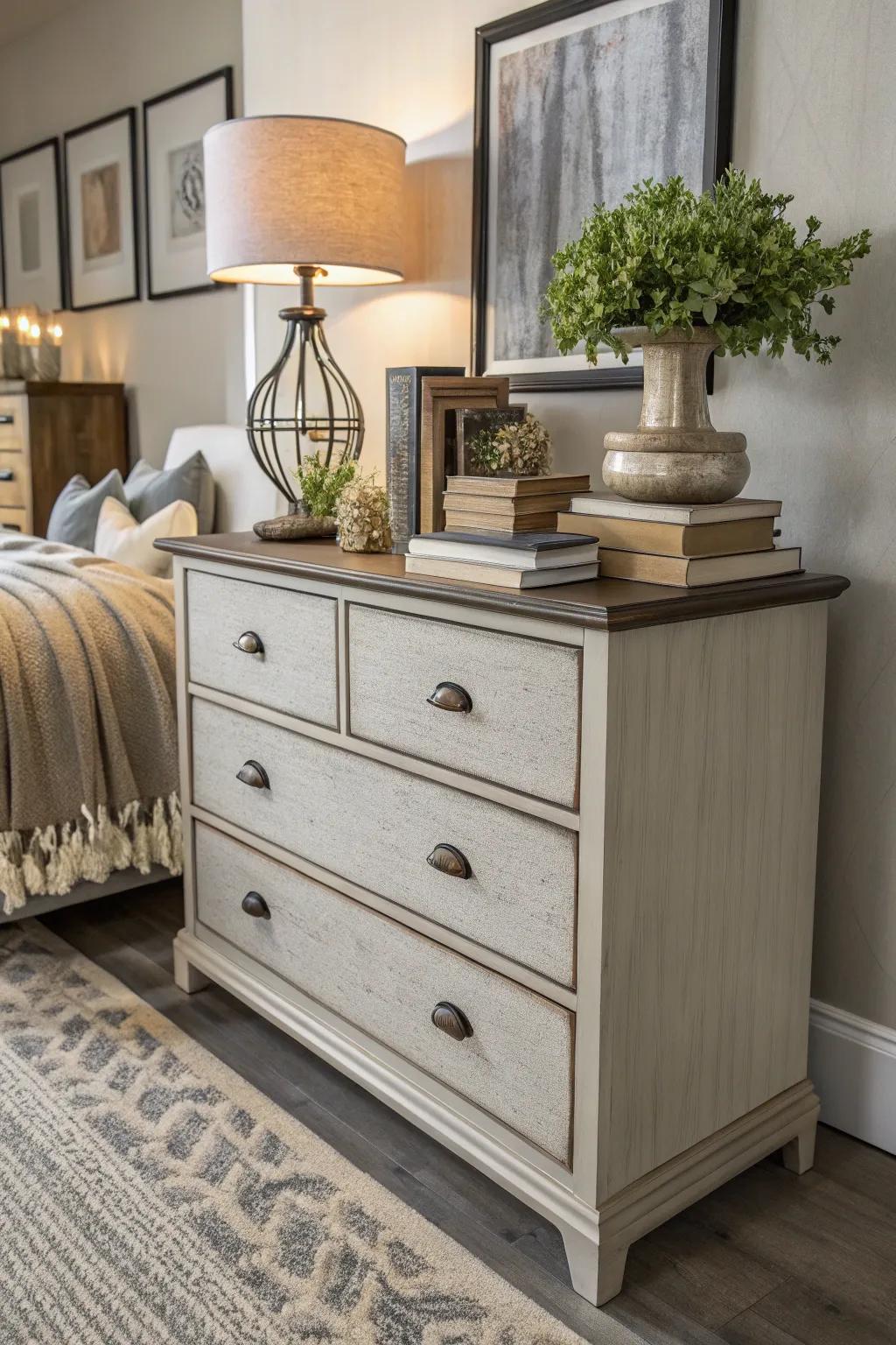 Books stacked together offer height and charm to a dresser.