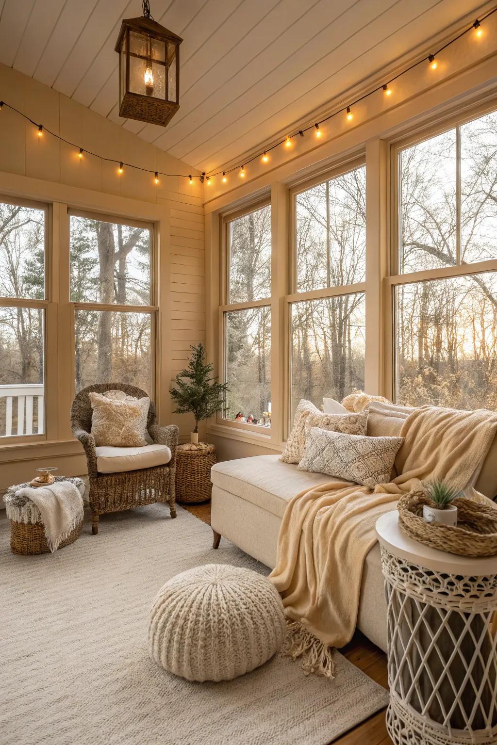 Warm beige walls creating a welcoming and comfortable sunroom space.