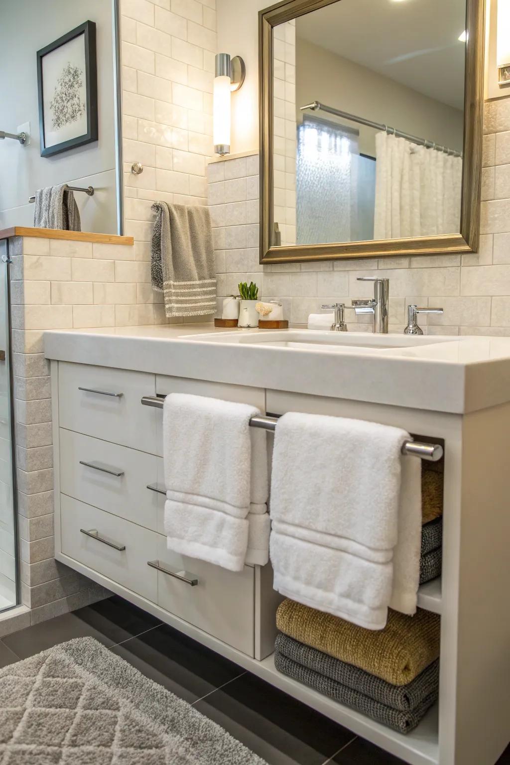 Take advantage of space by installing a towel rod under the sink.