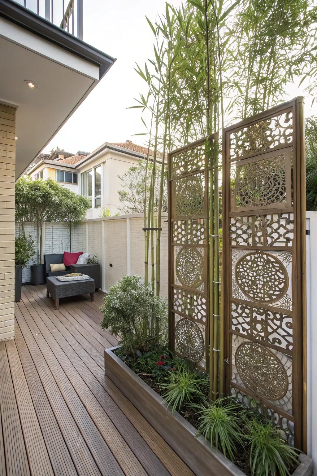 Craft a private retreat using elegant screens and high-reaching plants.