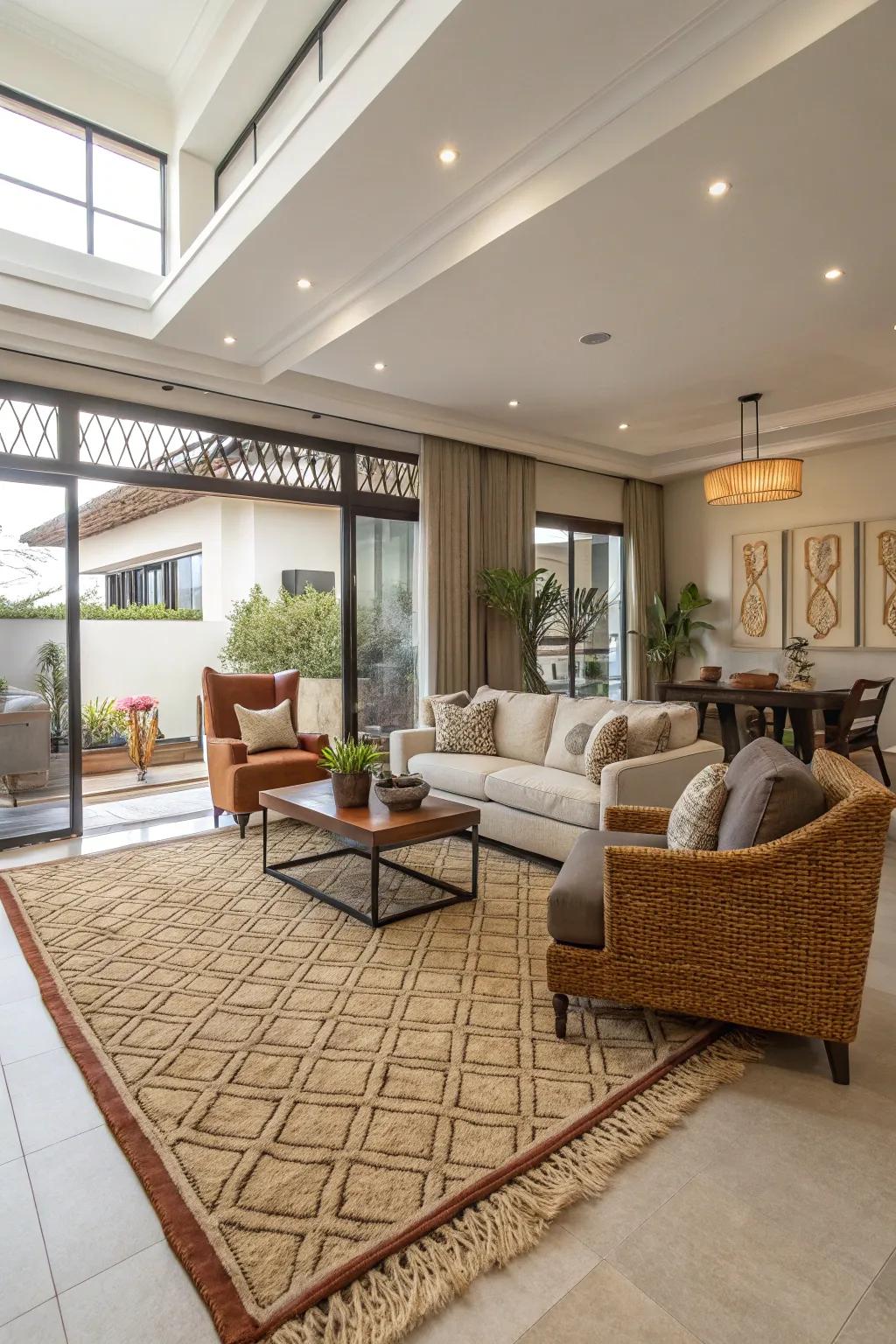 Open-plan area defined using a decorative rug