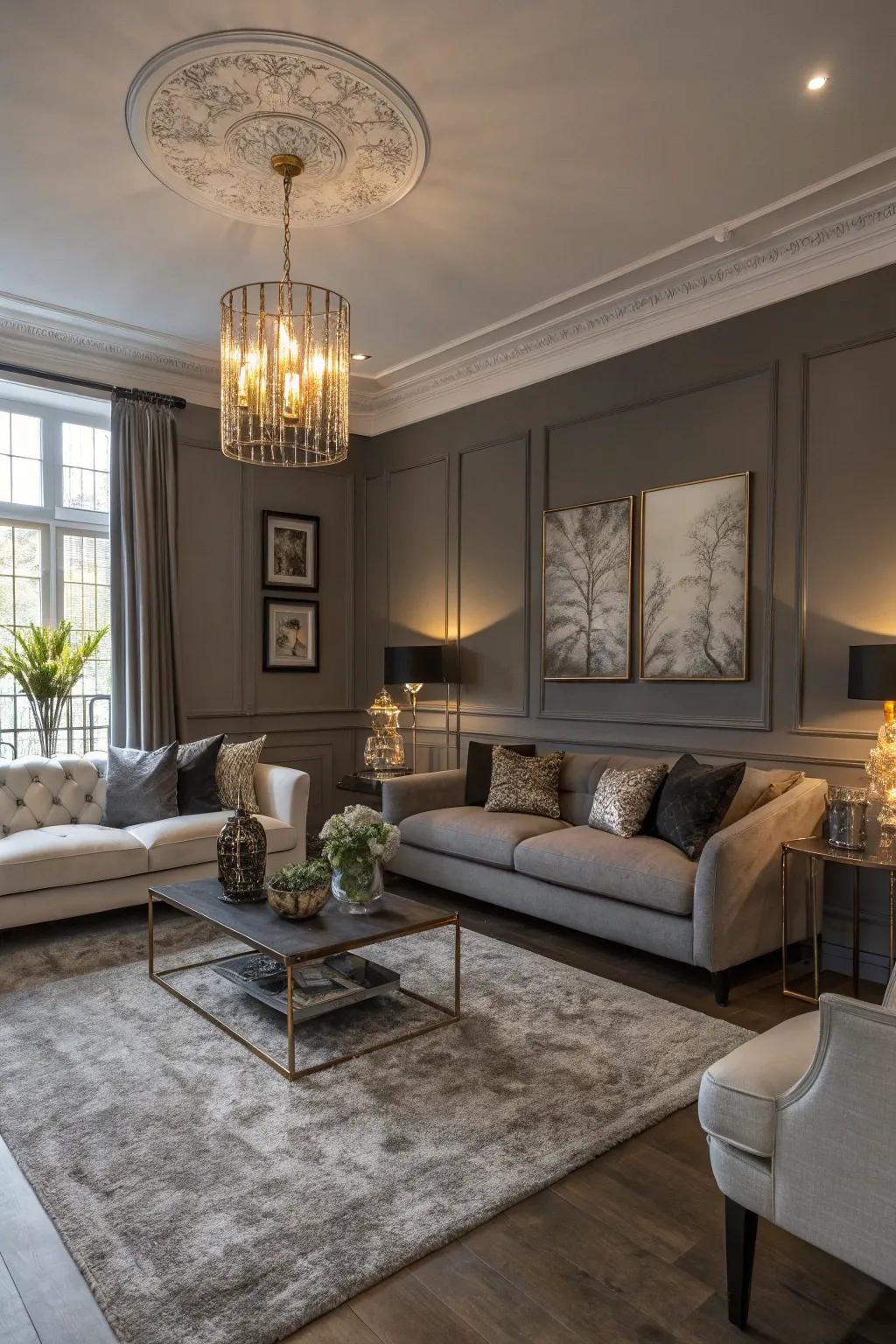 A townhouse living space featuring understated gray walls for a sophisticated appearance.