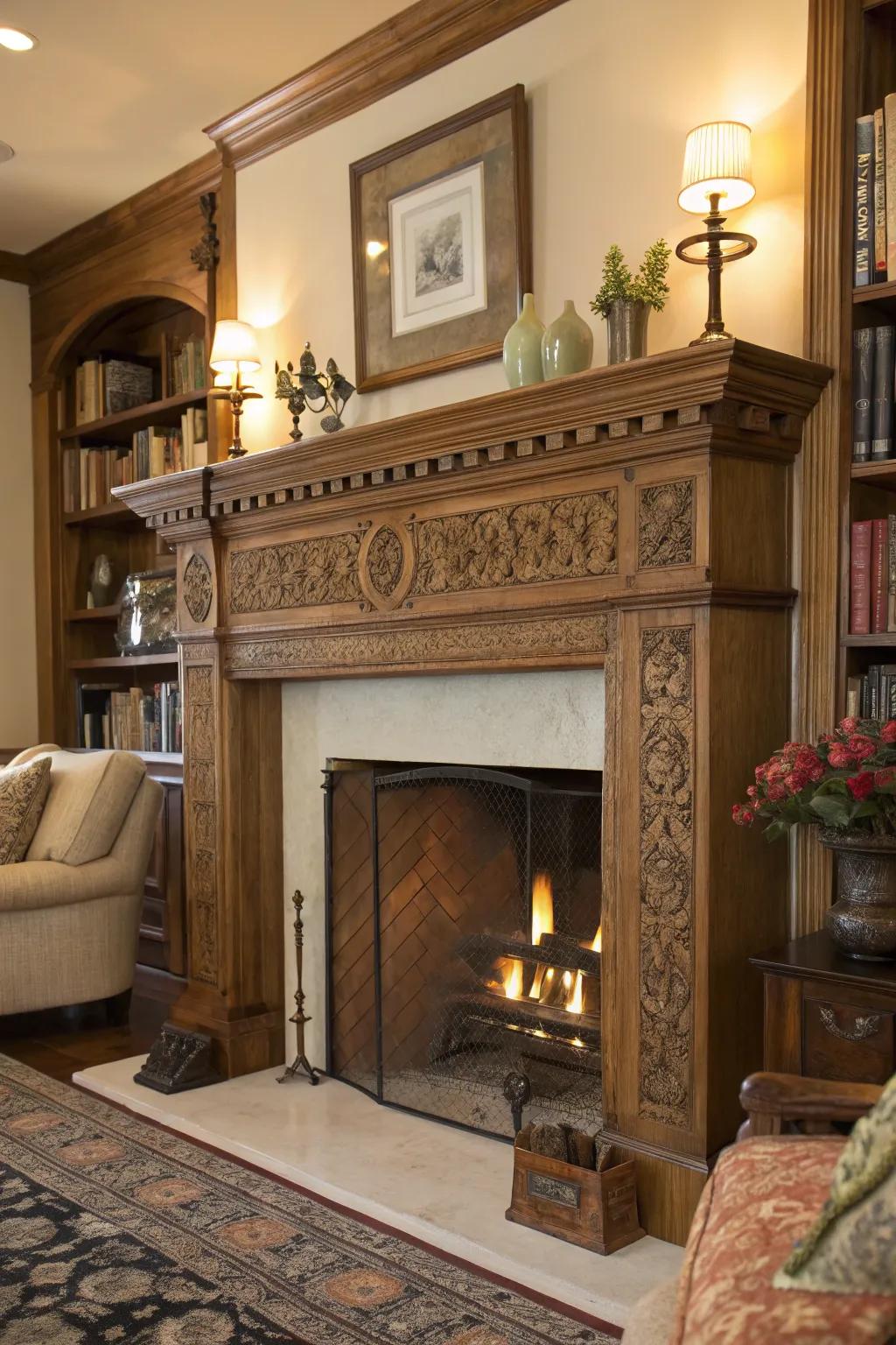 A carved wooden surround brings warmth to the fireplace.