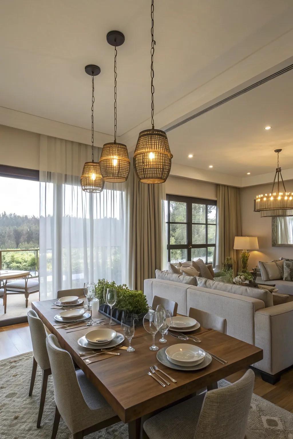 Pendant lights define the dining area in an open layout.