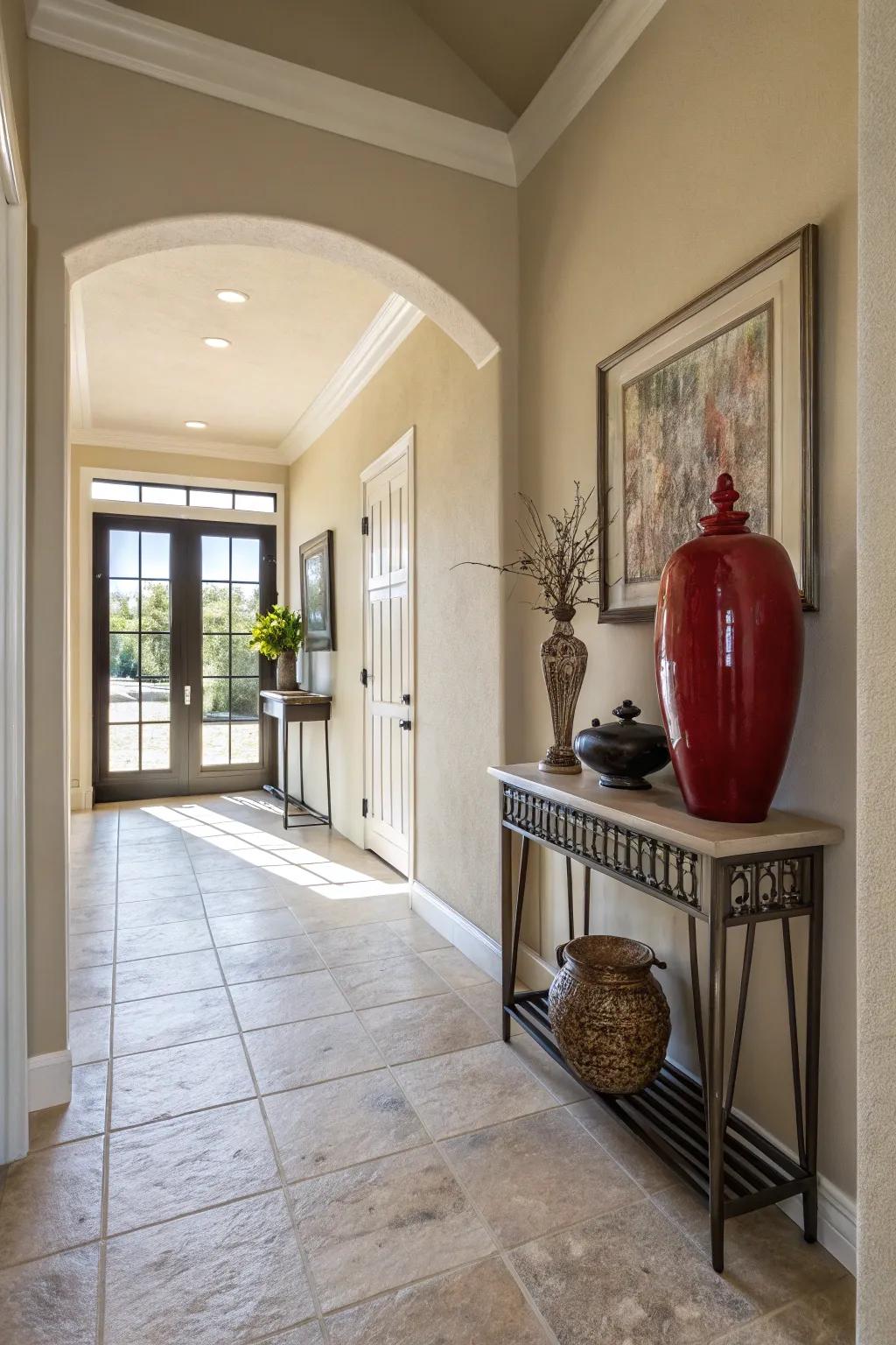 A splash of color can turn a neutral entryway into an eye-catching space.