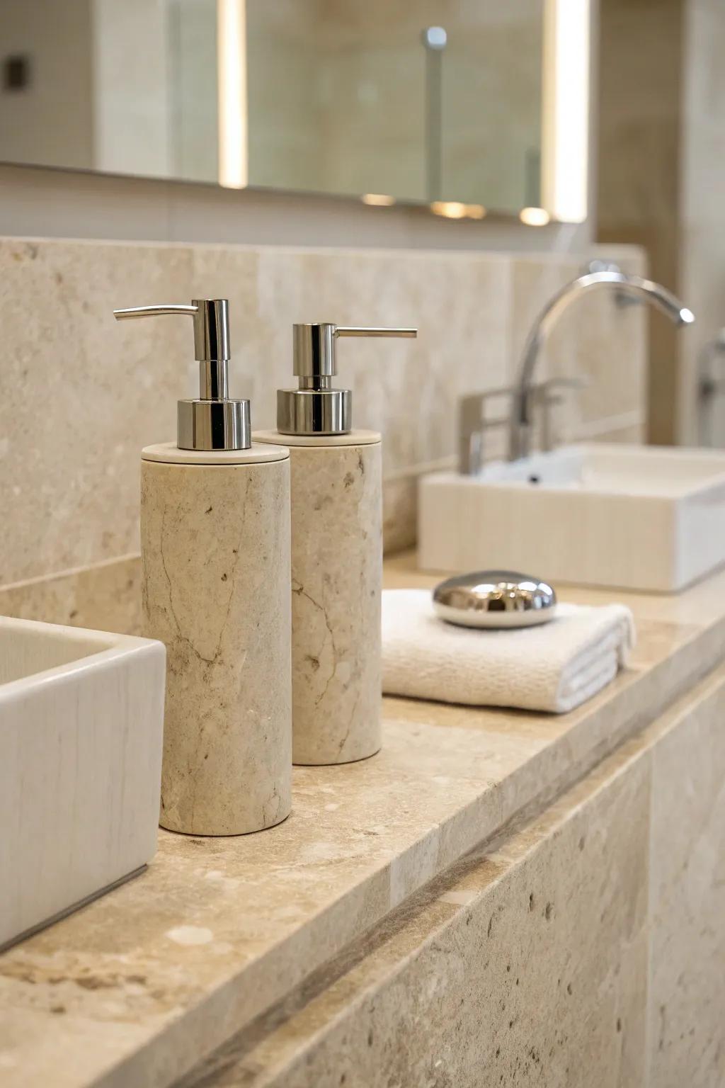A travertine bathroom showcasing streamlined hardware in polished metal.