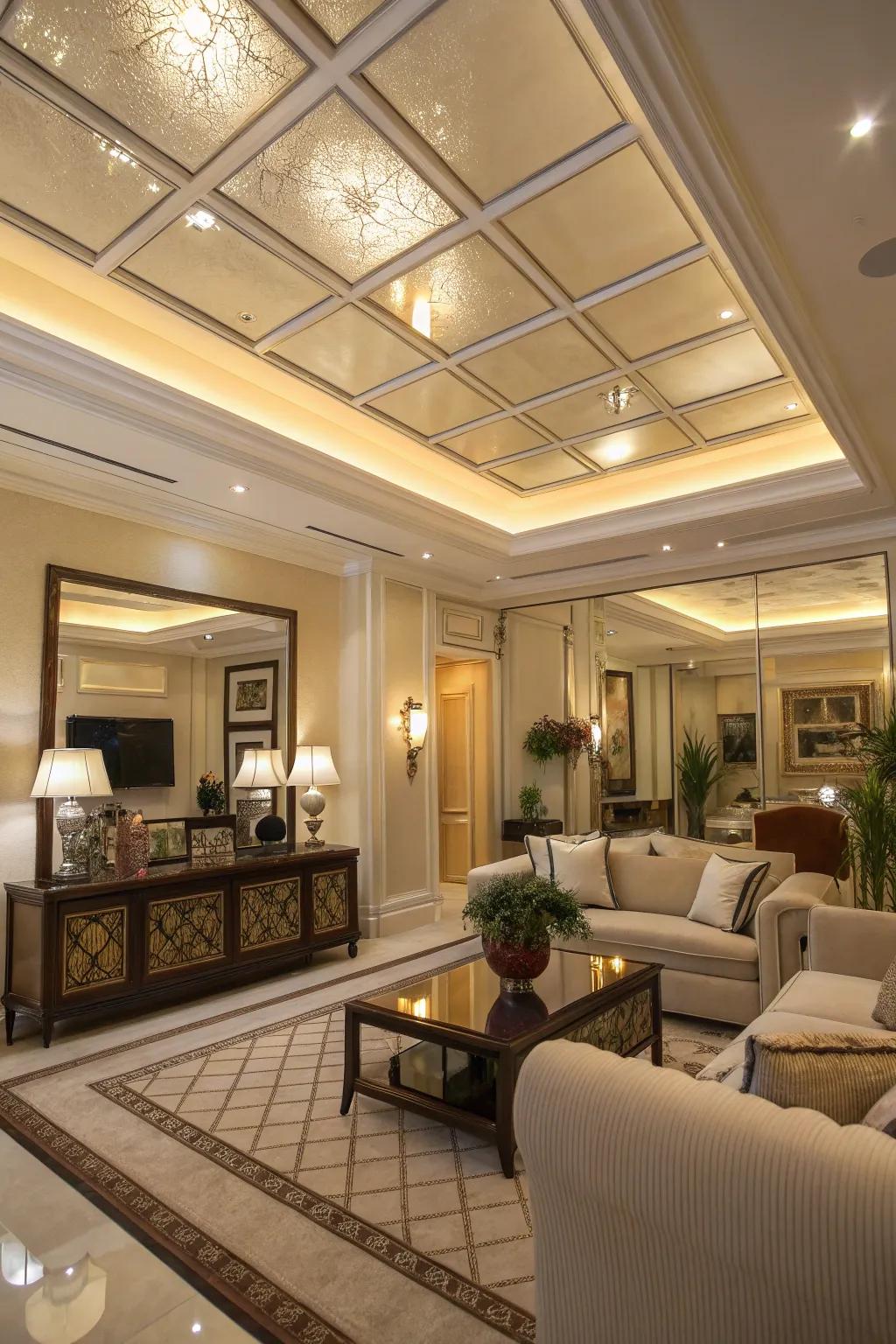 A living room featuring mirrored panels in the tray ceiling to enhance depth.
