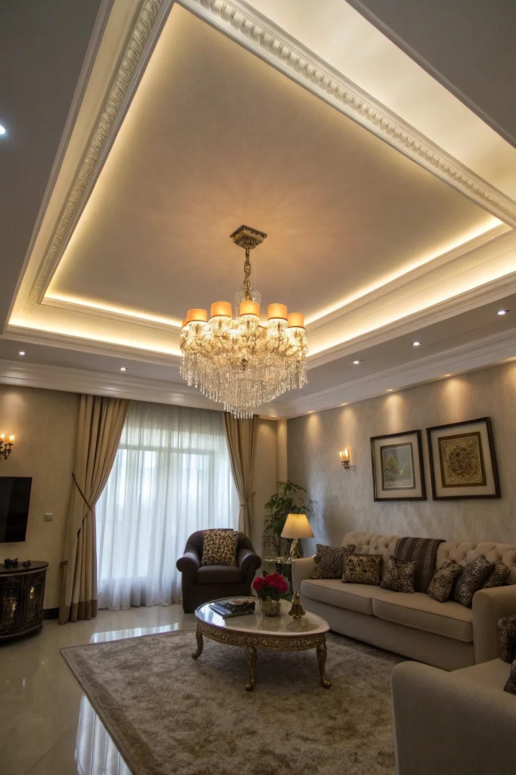 A living space features a dramatic double tray ceiling with layered lighting.
