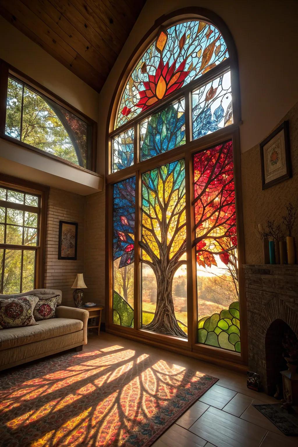 Vibrant colored glass Arbor Vitae window fills a room with light.