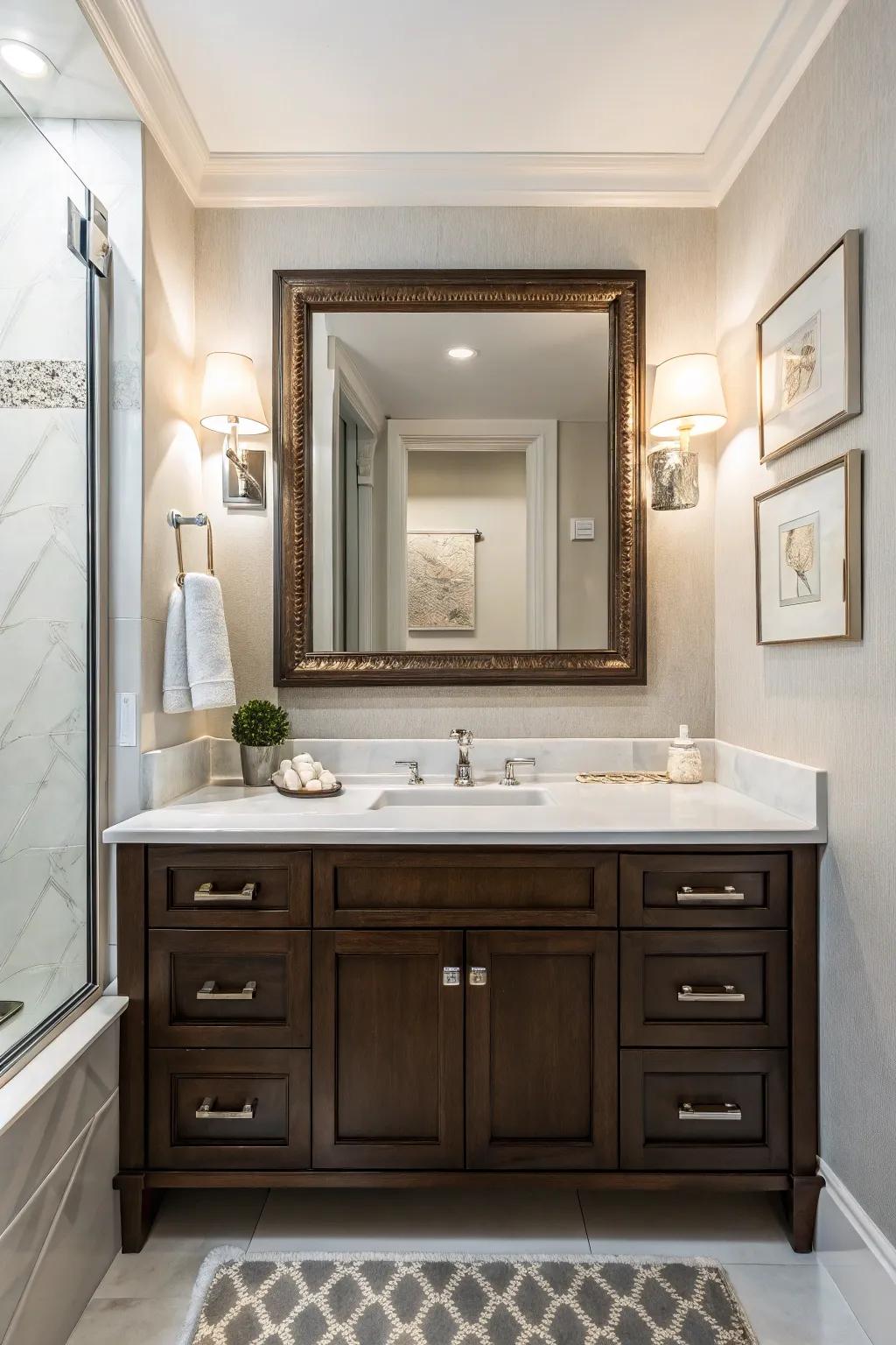 A bathroom showcasing a prominent mirror that enhances the vanity space.