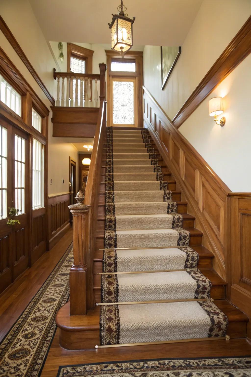 A stairway transformed with elegant wooden trim.