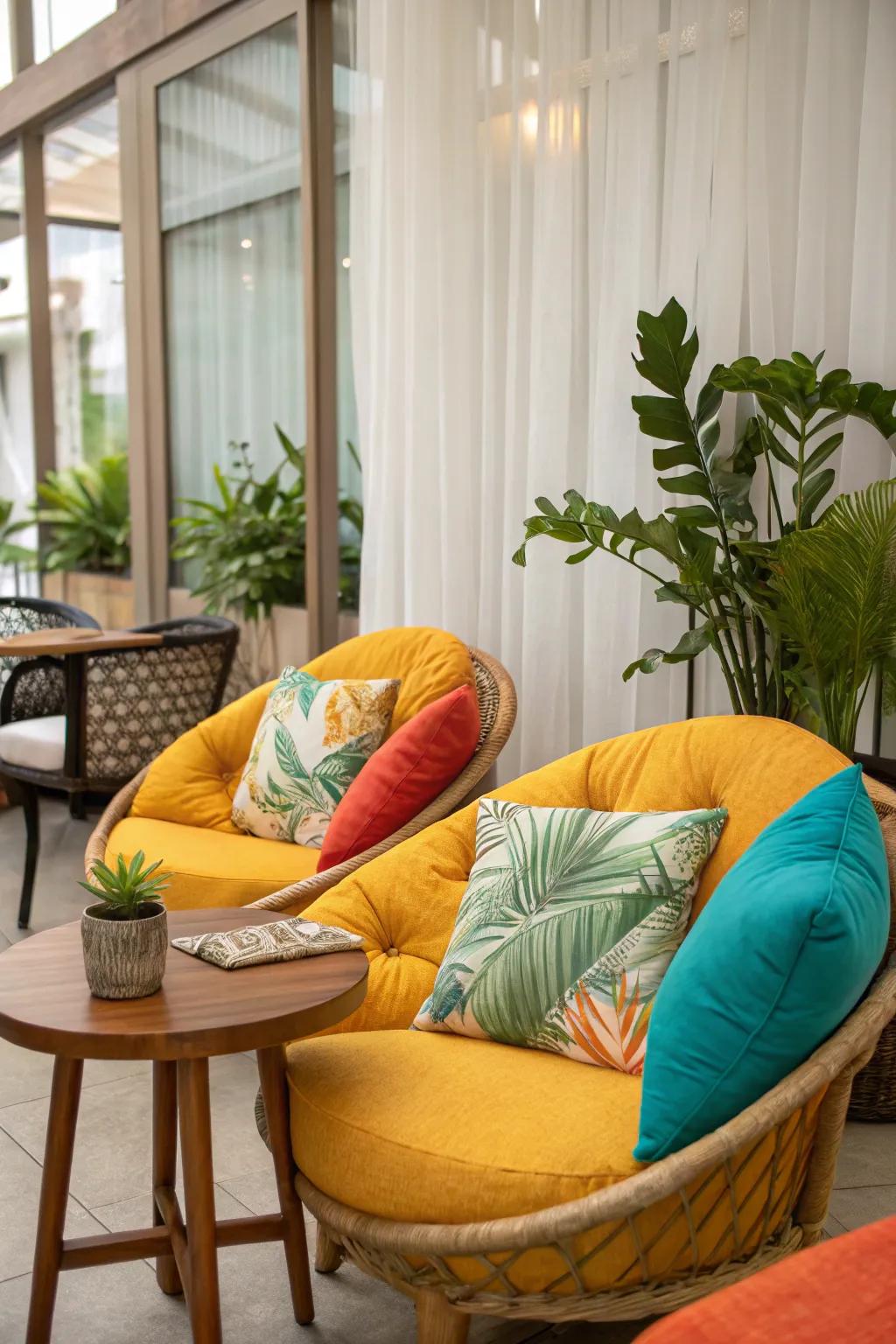 Comfy seating with soft cushions enhances the tropical atmosphere.