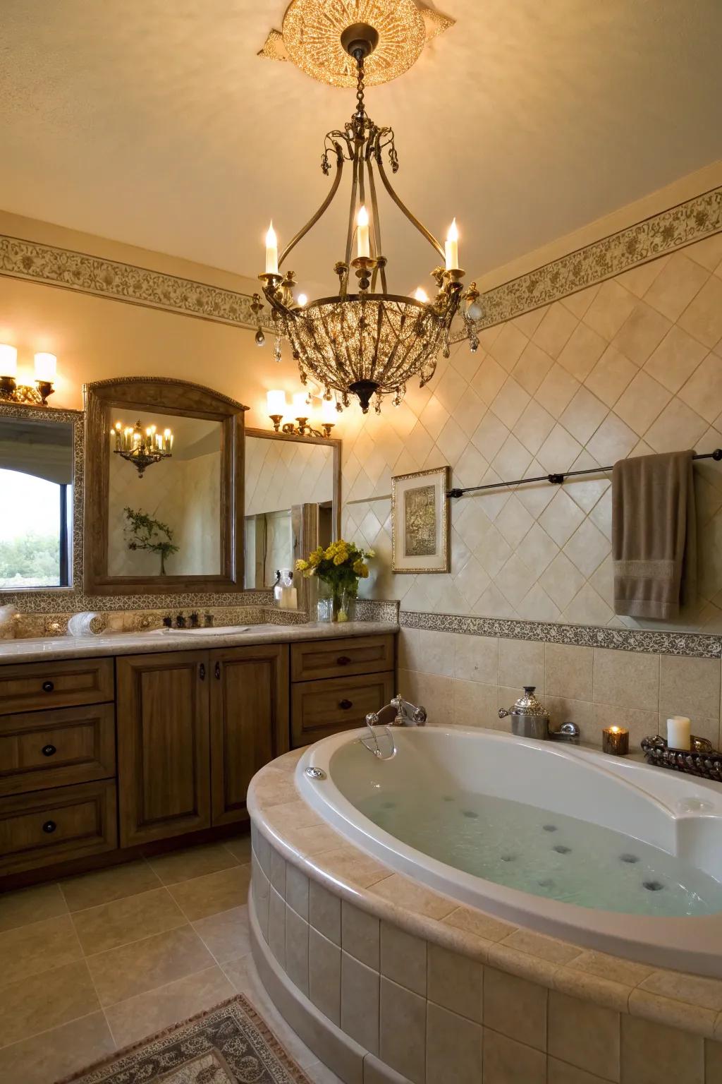 A bath surround elegantly illuminated by a decorative pendant.