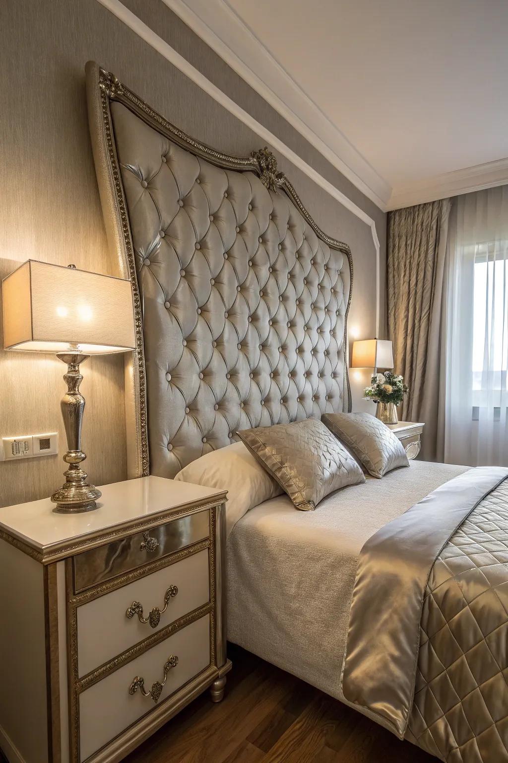 A glamorous bedroom with a metallic-accented tufted headboard.