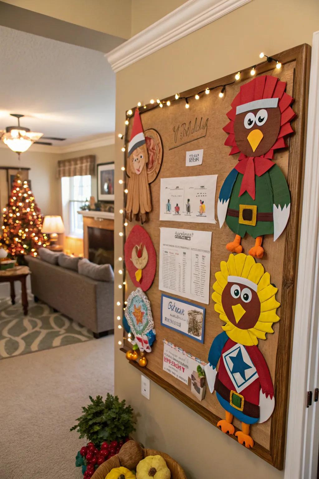 Imaginative turkey masquerades bring a playful touch to Thanksgiving decor.