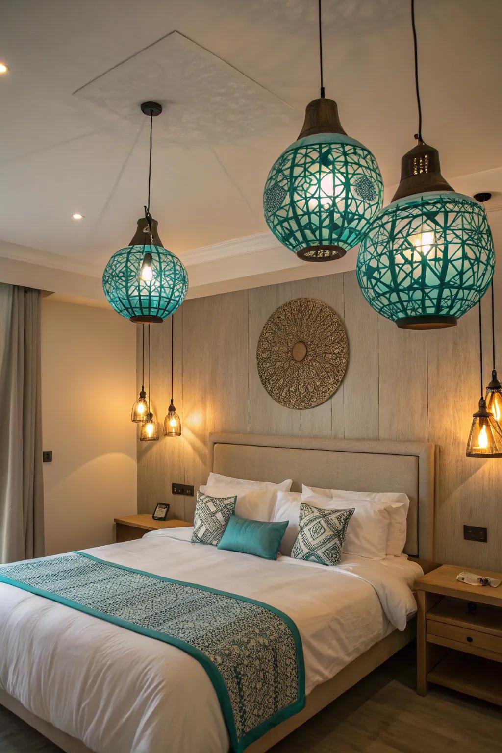 Turquoise lighting fills this bedroom with an embracing and pleasant glow.