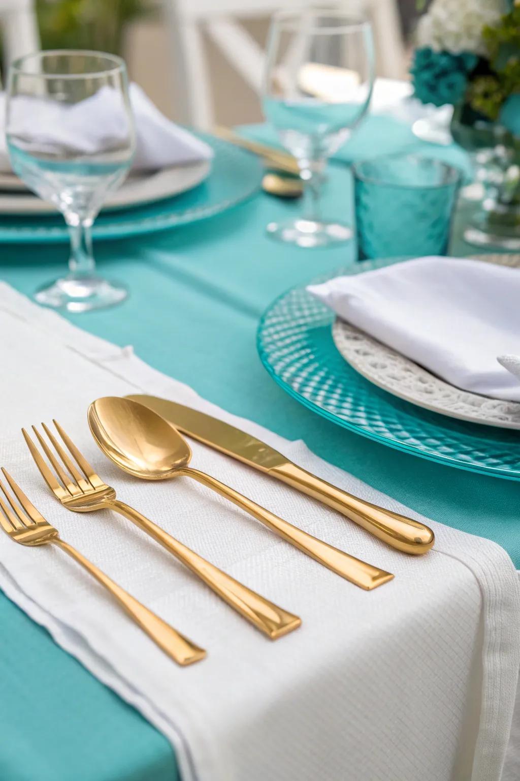 Gleaming cutlery presents a luxurious enhancement to the turquoise motif.