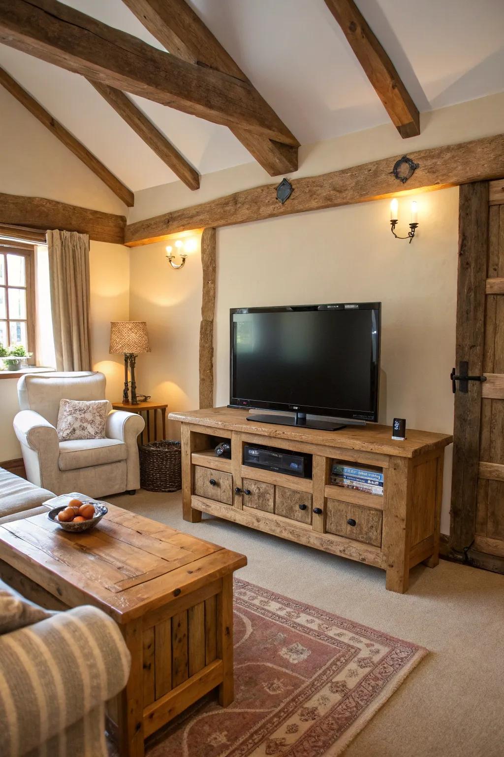 Add warmth using a rustic wooden frame for your TV.