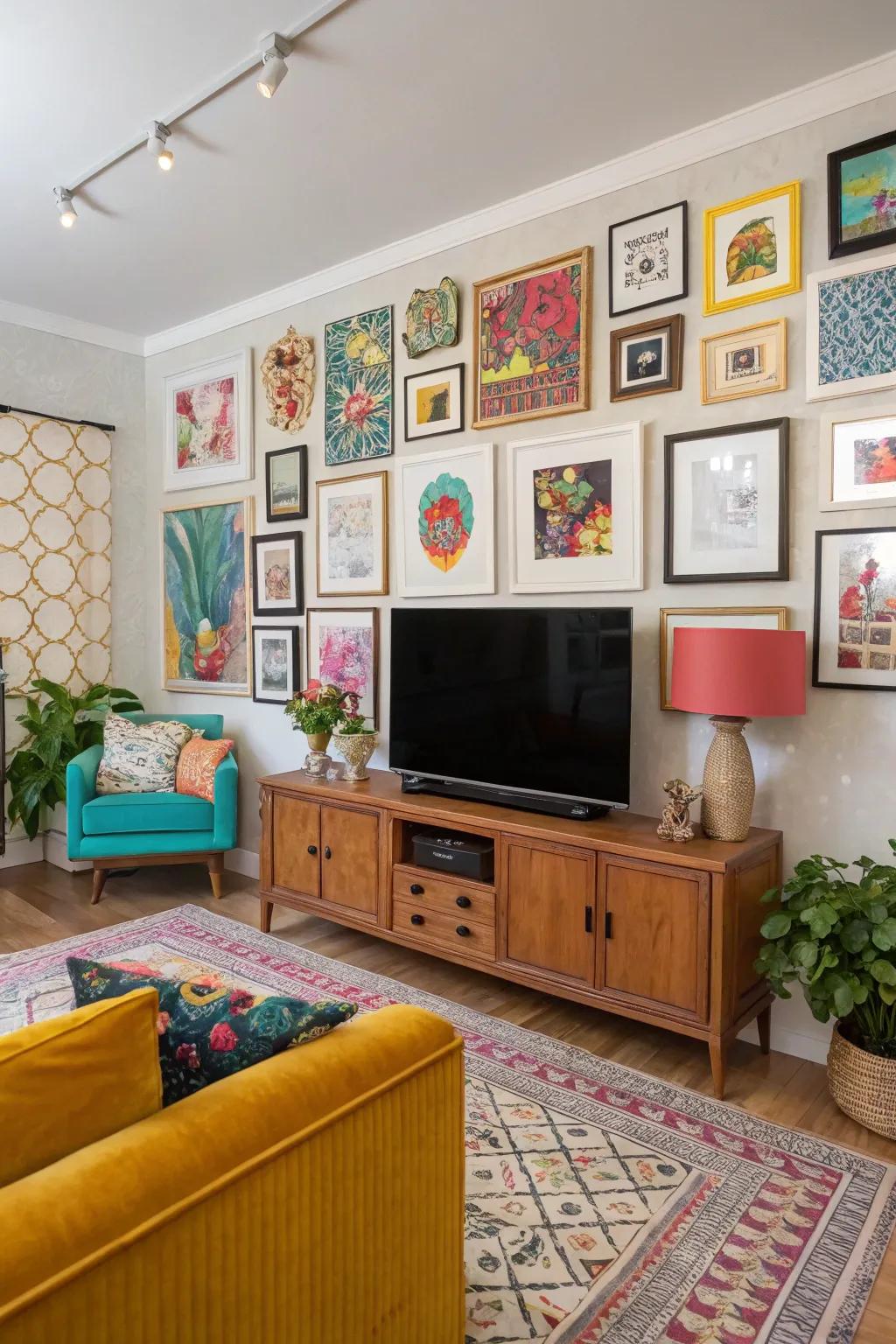 Maximalist inspiration showcased on a vibrant TV gallery wall.