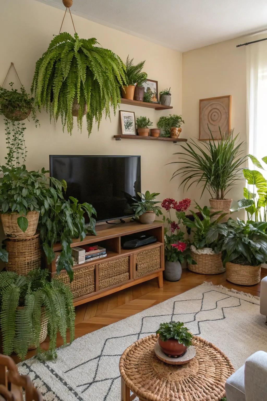 Greenery adds vibrancy and color to this TV wall design.