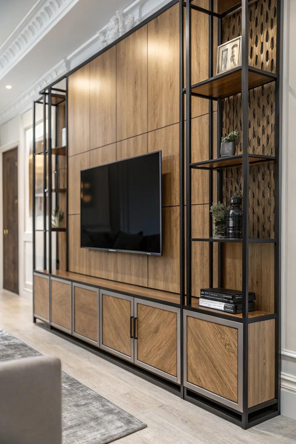 A mix of textures adds dimension to this innovative TV wall panel.