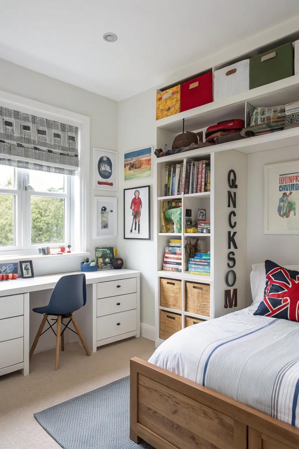 A well-organized bedroom with shelving and storage.