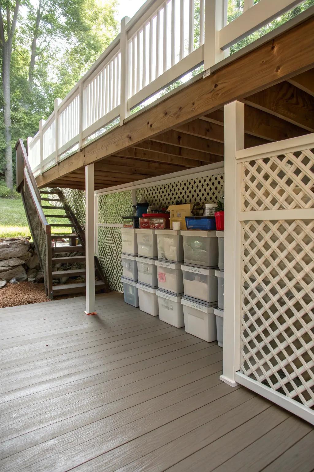 Trellis skirting delivers both aesthetic appeal and practicality for effortless storage entry.