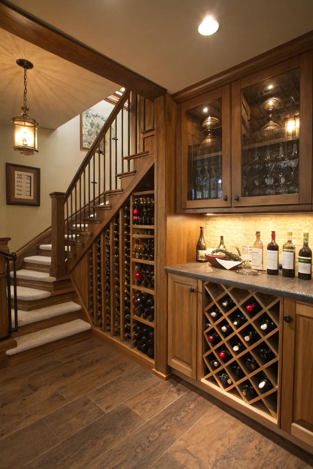 A stylish wine cellar beneath the stairs for the wine connoisseur.