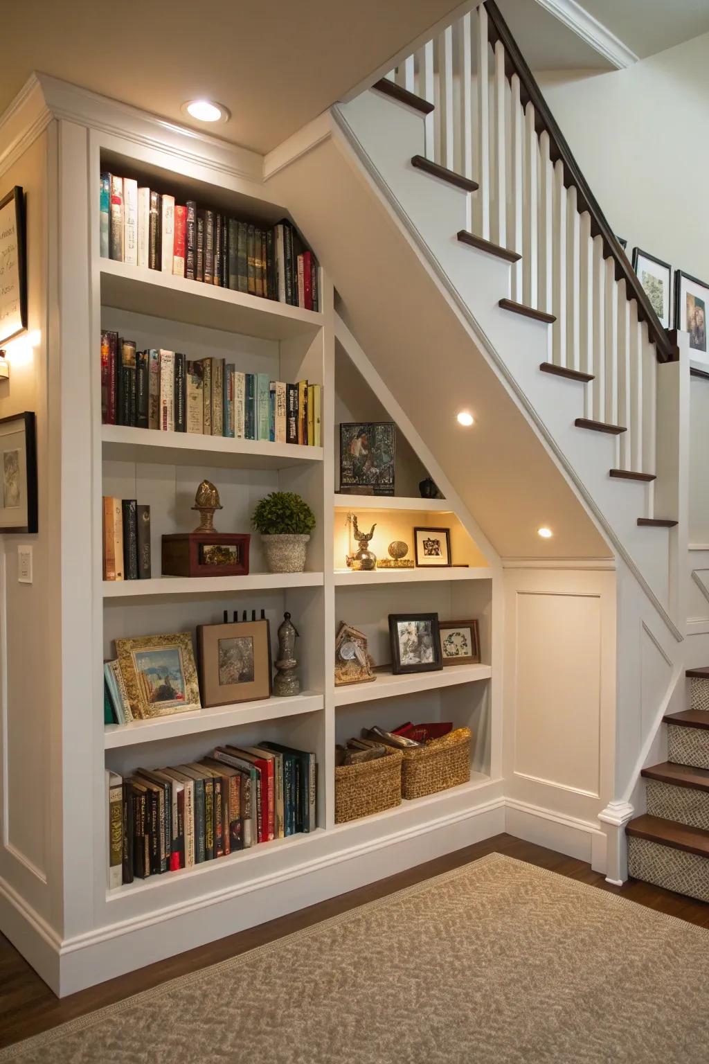 Practical and elegant fitted shelving under the stairs.