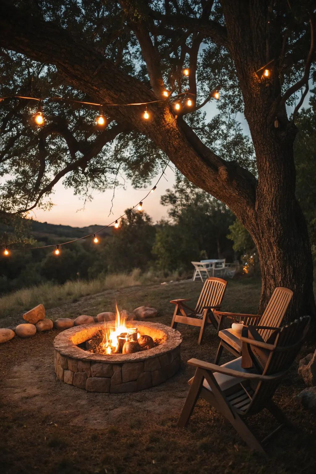 A fire feature creates a welcoming and cozy core under the tree.