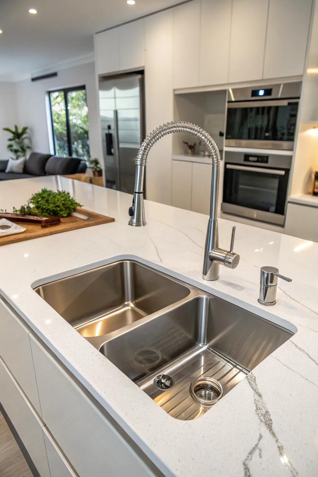 A double bowl undermount sink offering versatility in a modern kitchen.