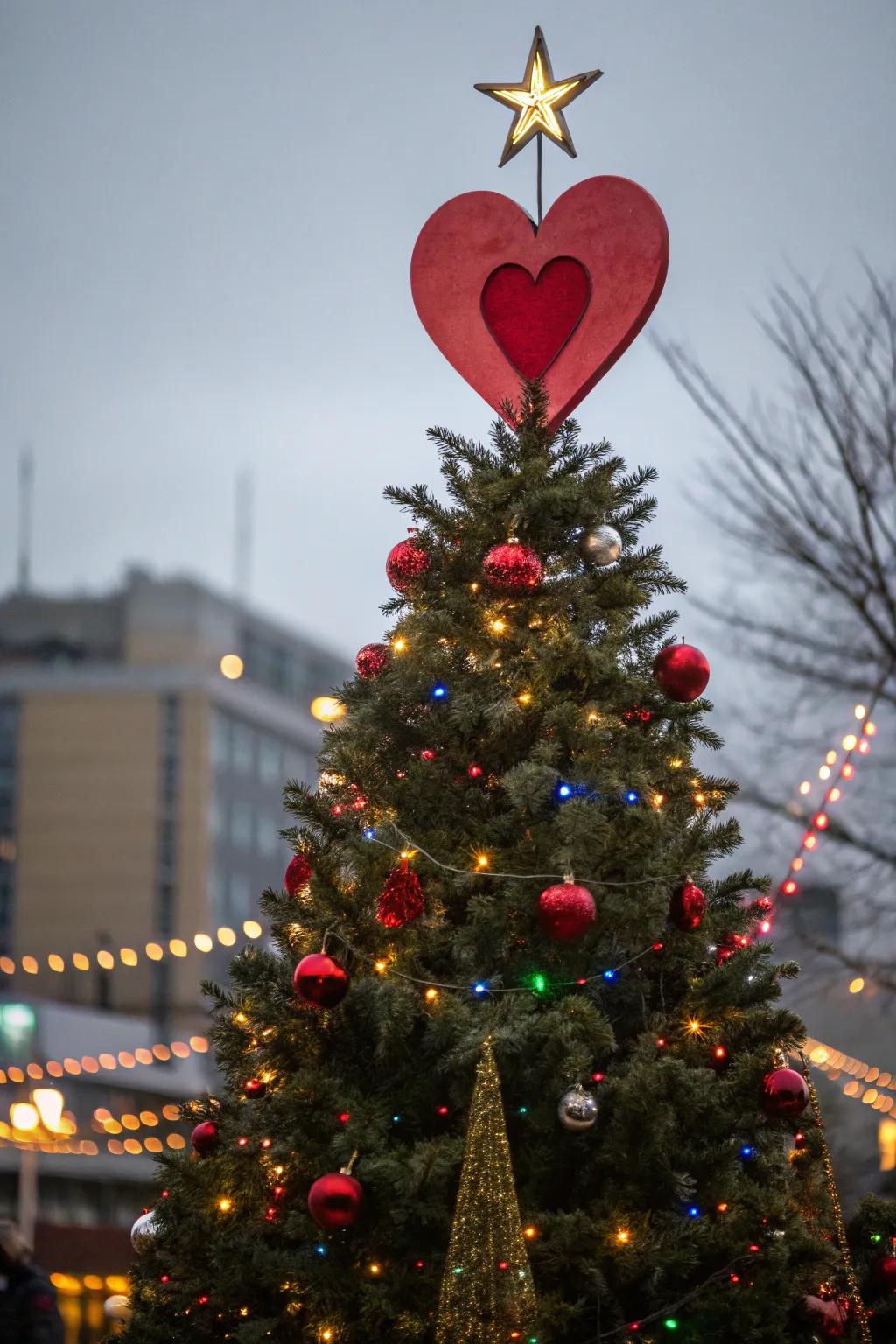 Top your tree with a heart-themed topper for a romantic statement.